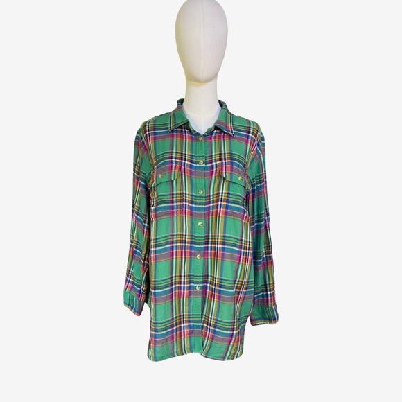 Chaps Denim 100% Cotton Green Plaid Button Down Shirt Women’s 1X - Picture 1 of 8